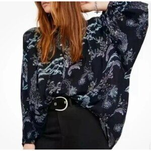 Free People Metallic Blooms‎ Peacock Print Blouse Black Multi Mandarin Collar XS